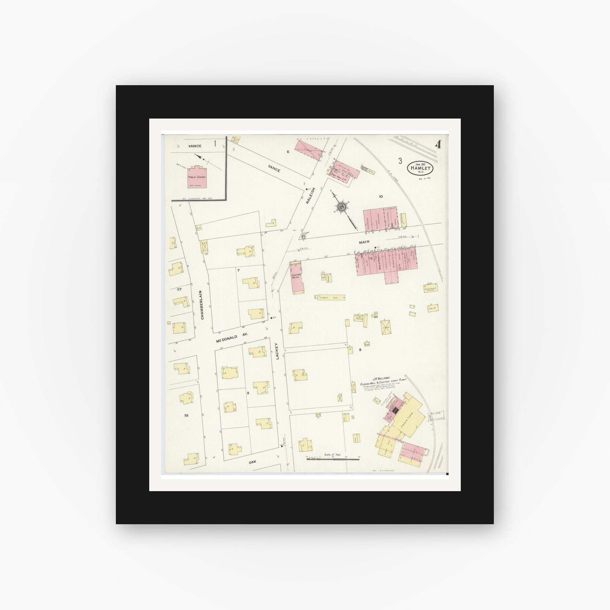 Old map wall art mockup — black gallery frame with white mat — Sanborn Fire Insurance Map from Hamlet, Richmond County, North Carolina (1911), Sheet #0004