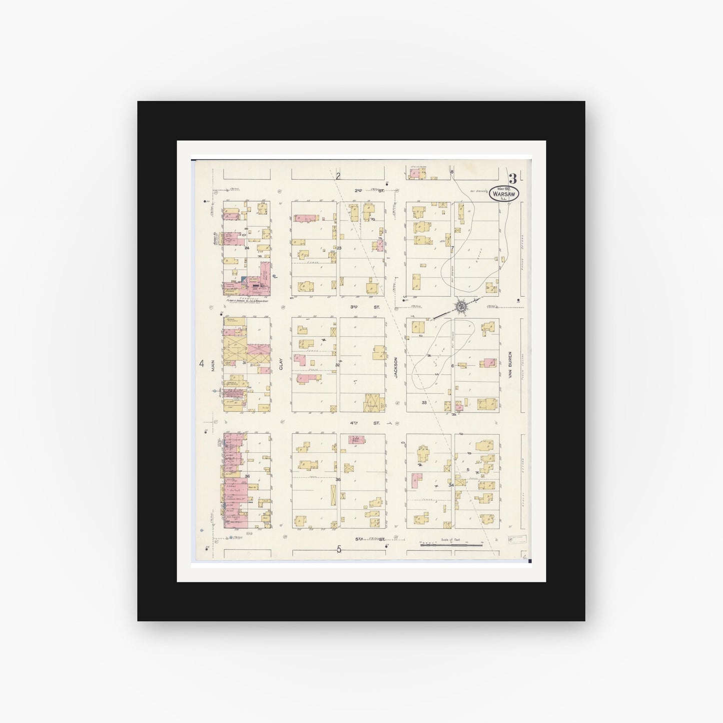 Old map wall art mockup — black gallery frame with white mat — Sanborn Fire Insurance Map from Warsaw, Hancock County, Illinois (1912), Sheet #0003