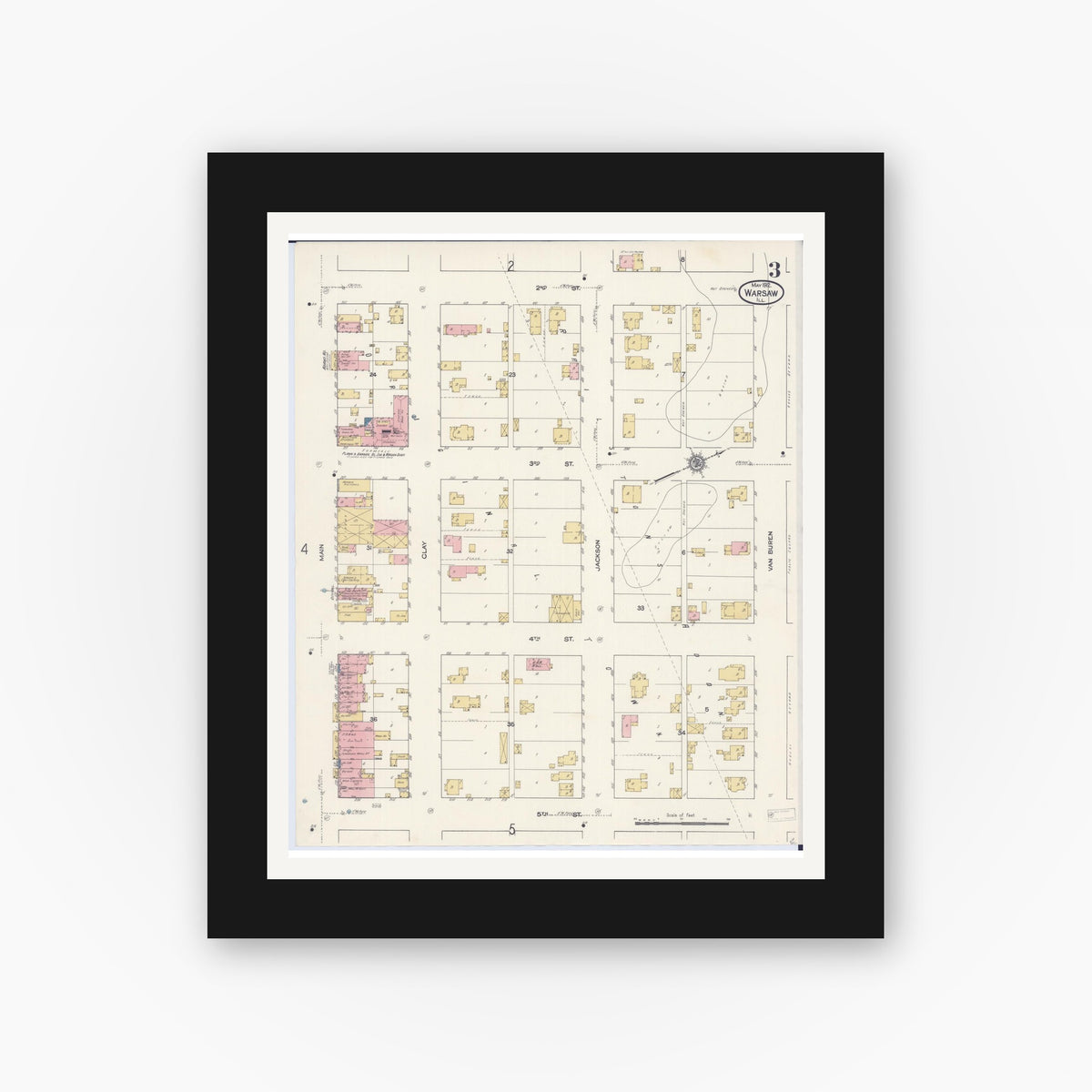 Old map wall art mockup — black gallery frame with white mat — Sanborn Fire Insurance Map from Warsaw, Hancock County, Illinois (1912), Sheet #0003
