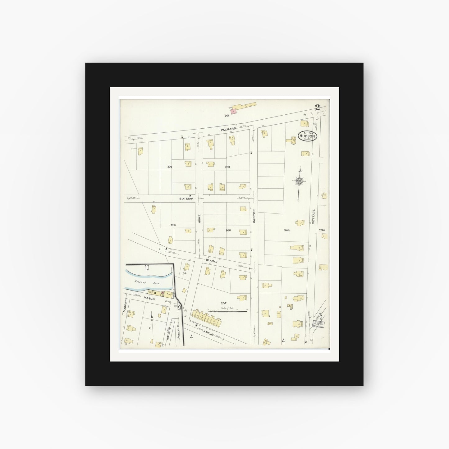 Old map wall art mockup — black gallery frame with white mat — Sanborn Fire Insurance Map from Hudson, Middlesex County, Massachusetts (1909), Sheet #0002