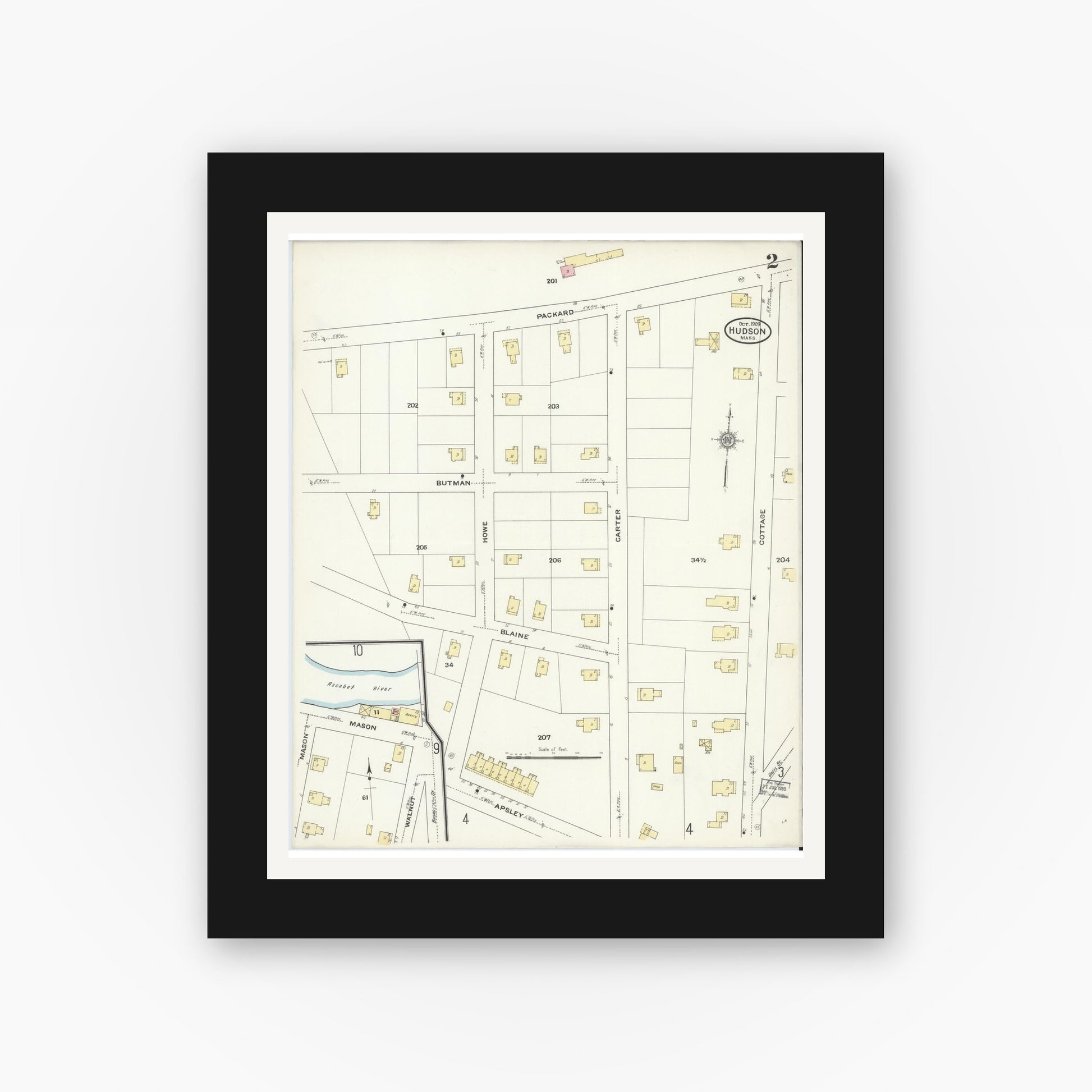 Old map wall art mockup — black gallery frame with white mat — Sanborn Fire Insurance Map from Hudson, Middlesex County, Massachusetts (1909), Sheet #0002