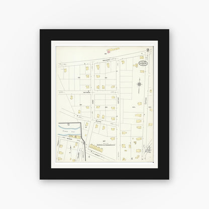 Old map wall art mockup — black gallery frame with white mat — Sanborn Fire Insurance Map from Hudson, Middlesex County, Massachusetts (1909), Sheet #0002