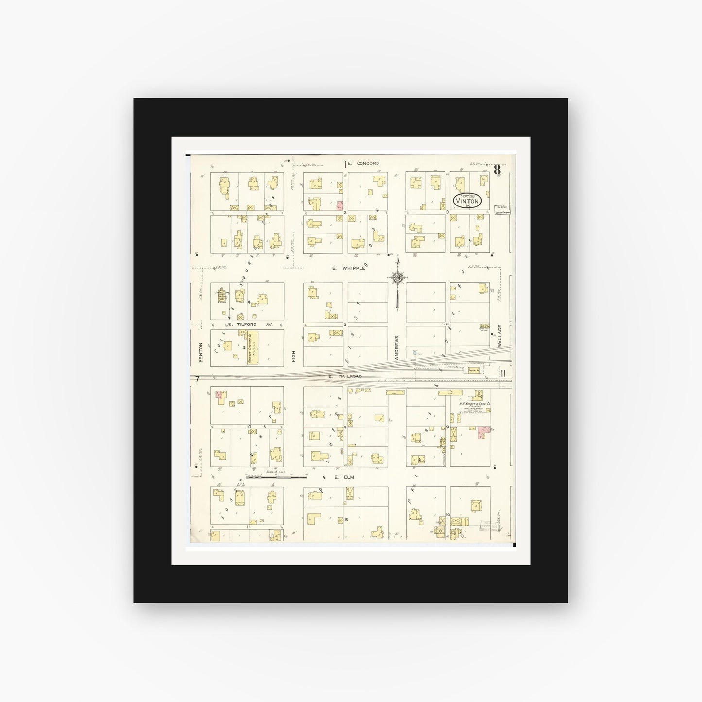 Old map wall art mockup — black gallery frame with white mat — Sanborn Fire Insurance Map from Vinton, Benton County, Iowa (1913), Sheet #0008