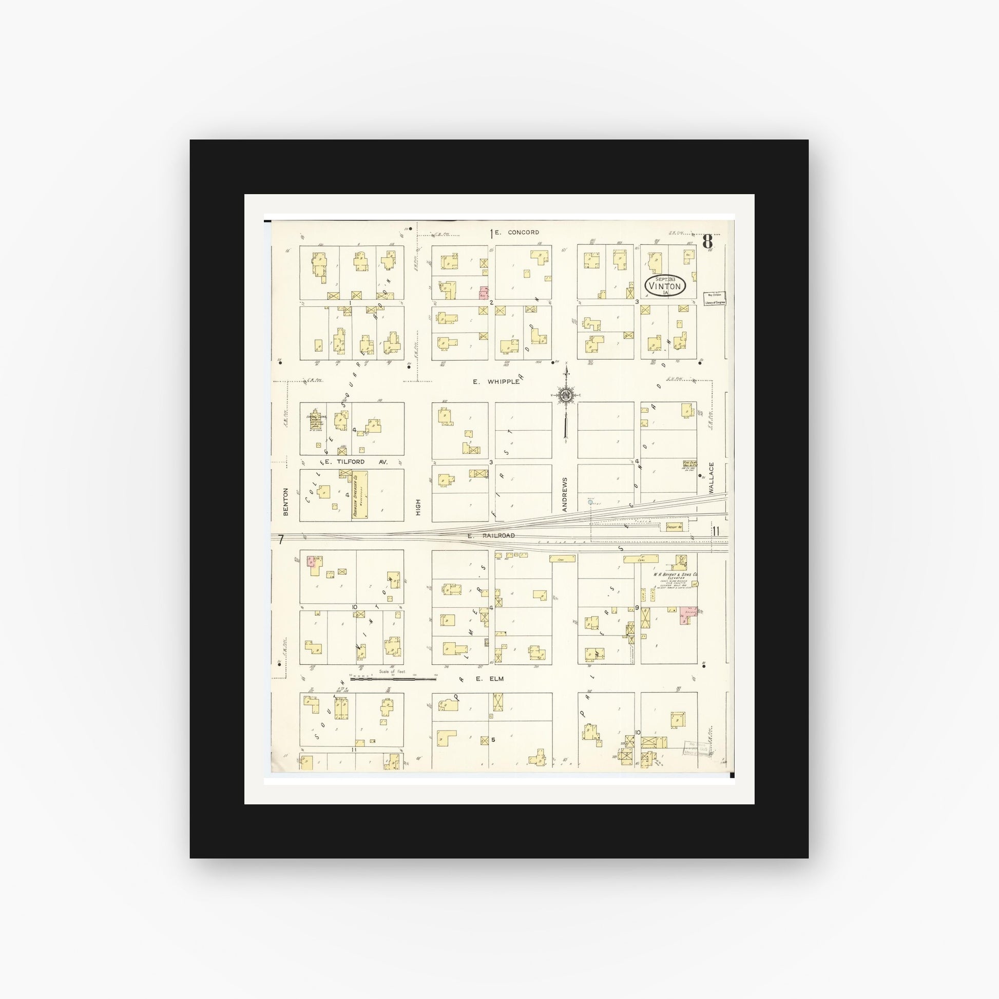 Old map wall art mockup — black gallery frame with white mat — Sanborn Fire Insurance Map from Vinton, Benton County, Iowa (1913), Sheet #0008