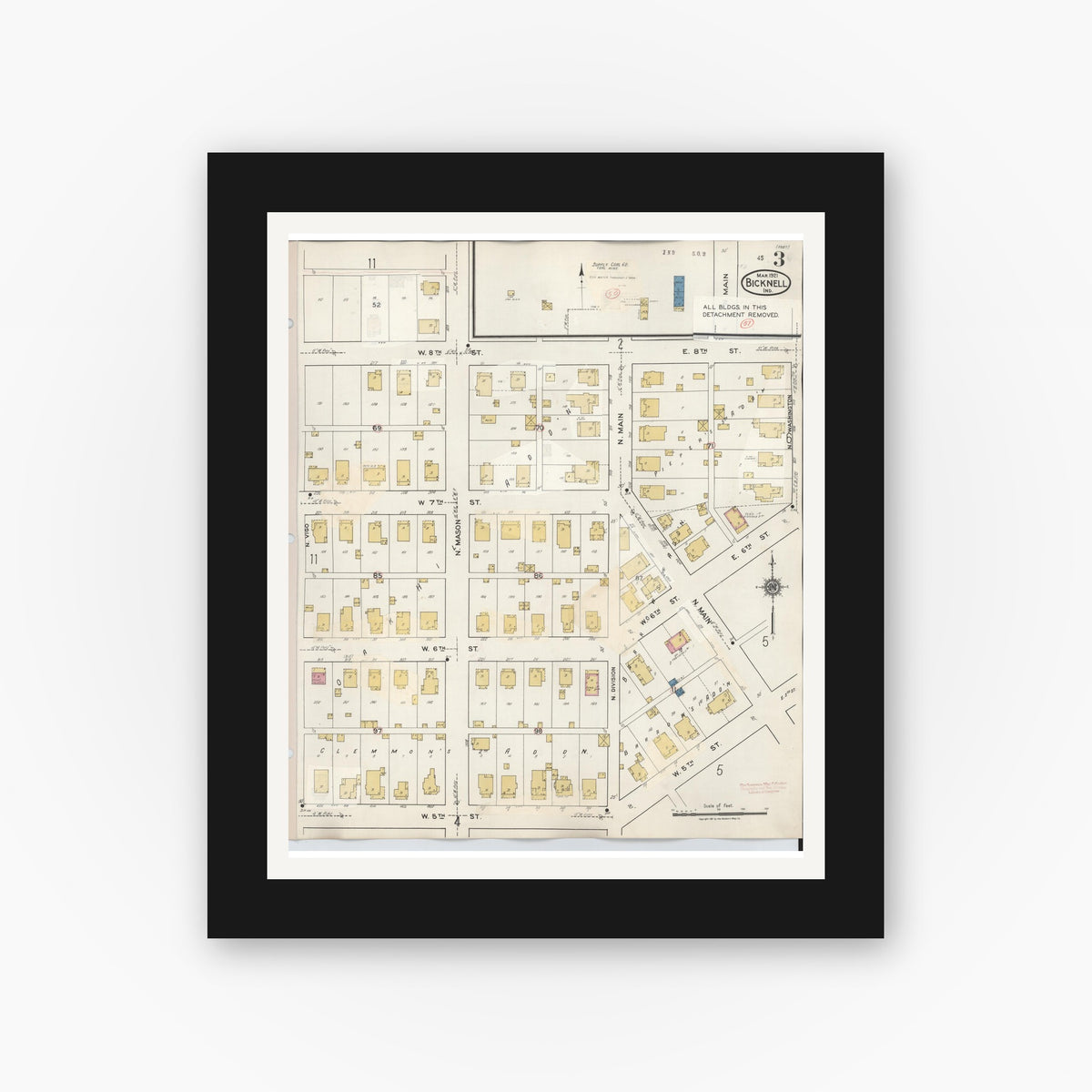Old map wall art mockup — black gallery frame with white mat — Sanborn Fire Insurance Map from Bicknell, Knox County, Indiana (1946), Sheet #0003