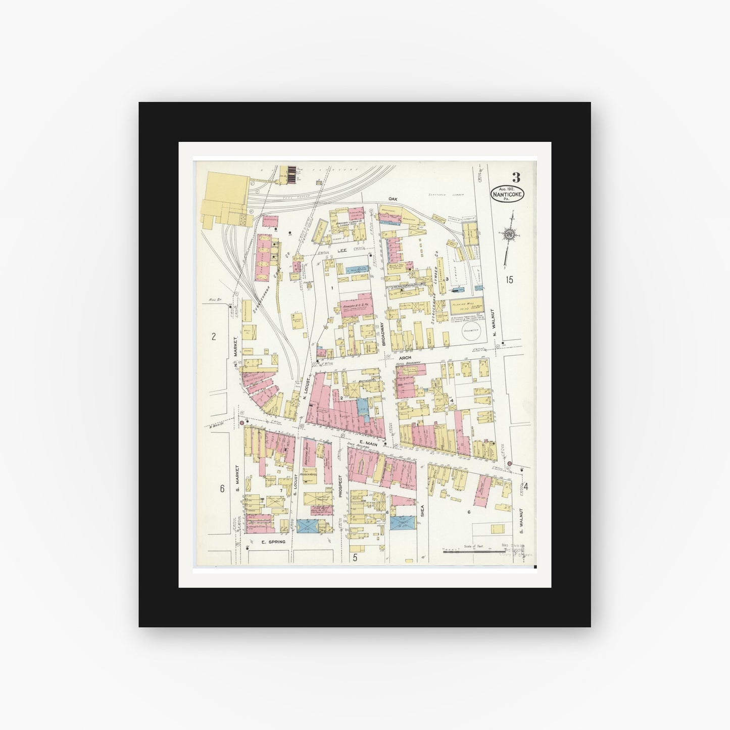 Old map wall art mockup — black gallery frame with white mat — Sanborn Fire Insurance Map from Nanticoke, Luzerne County, Pennsylvania (1912), Sheet #0003