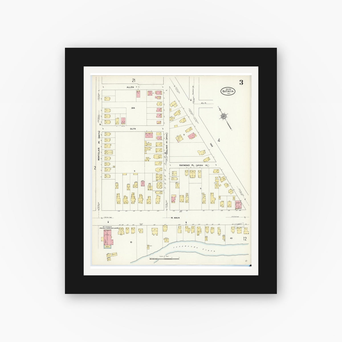 Old map wall art mockup — black gallery frame with white mat — Sanborn Fire Insurance Map from Batavia, Genesee County, New York (1912), Sheet #0003