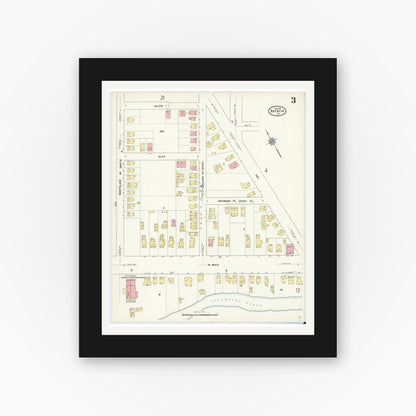 Old map wall art mockup — black gallery frame with white mat — Sanborn Fire Insurance Map from Batavia, Genesee County, New York (1912), Sheet #0003
