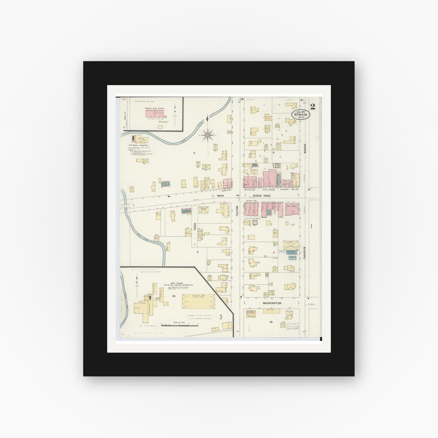 Old map wall art mockup — black gallery frame with white mat — Sanborn Fire Insurance Map from Armada, Macomb County, Michigan (1907), Sheet #0002