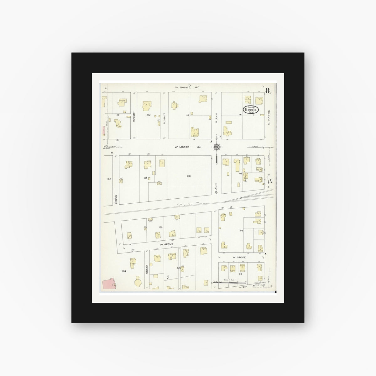 Old map wall art mockup — black gallery frame with white mat — Sanborn Fire Insurance Map from Terrell, Kaufman County, Texas (1914), Sheet #0008