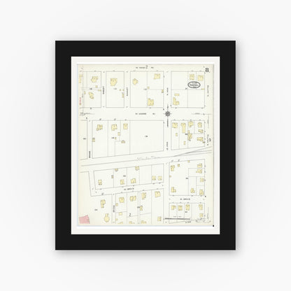 Old map wall art mockup — black gallery frame with white mat — Sanborn Fire Insurance Map from Terrell, Kaufman County, Texas (1914), Sheet #0008