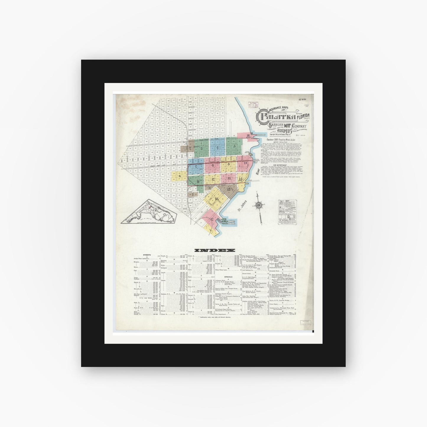 Old map wall art mockup — black gallery frame with white mat — Sanborn Fire Insurance Map from Palatka, Putnam County, Florida (1915) - Complete Map Set