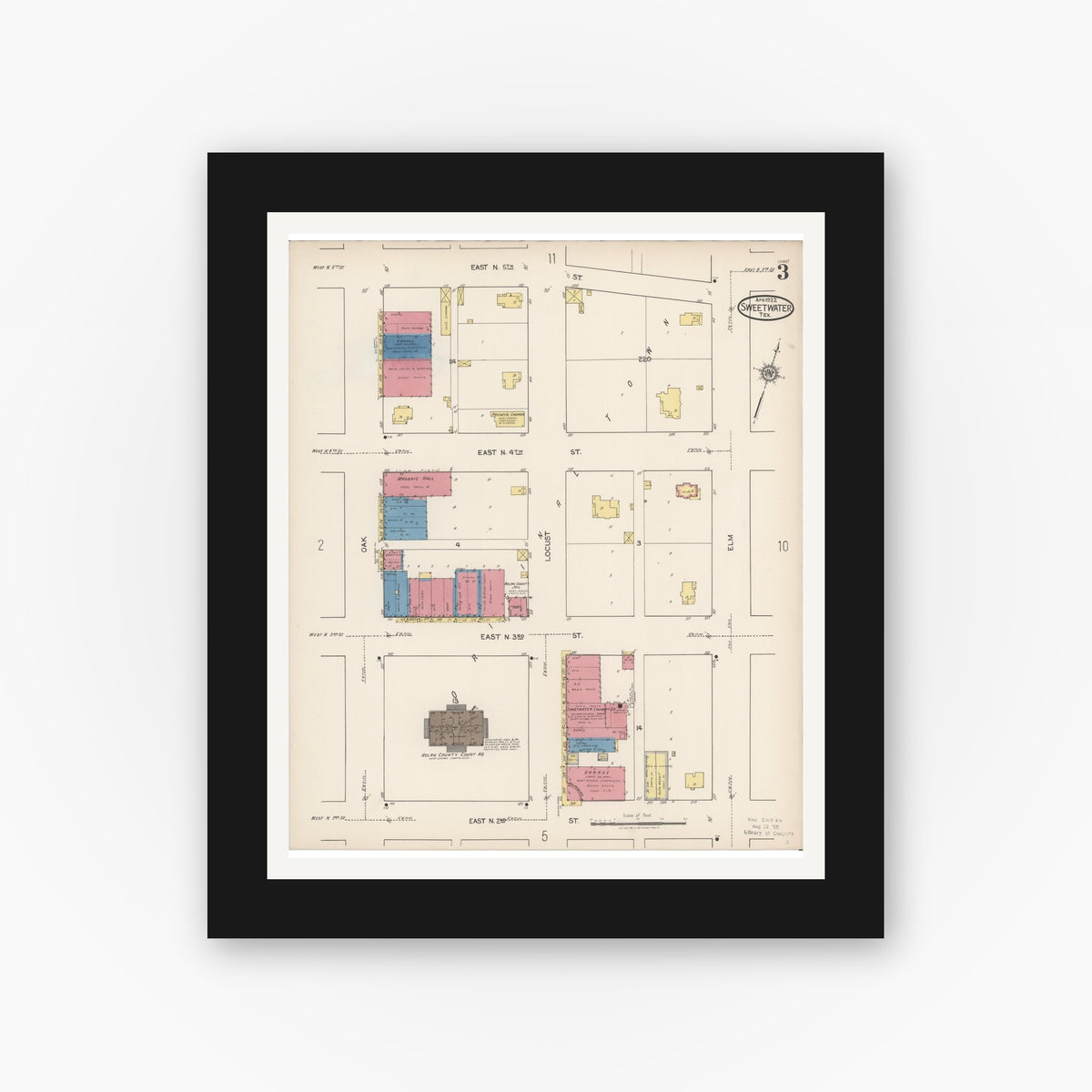 Old map wall art mockup — black gallery frame with white mat — Sanborn Fire Insurance Map from Sweetwater, Nolan County, Texas (1922), Sheet #0003