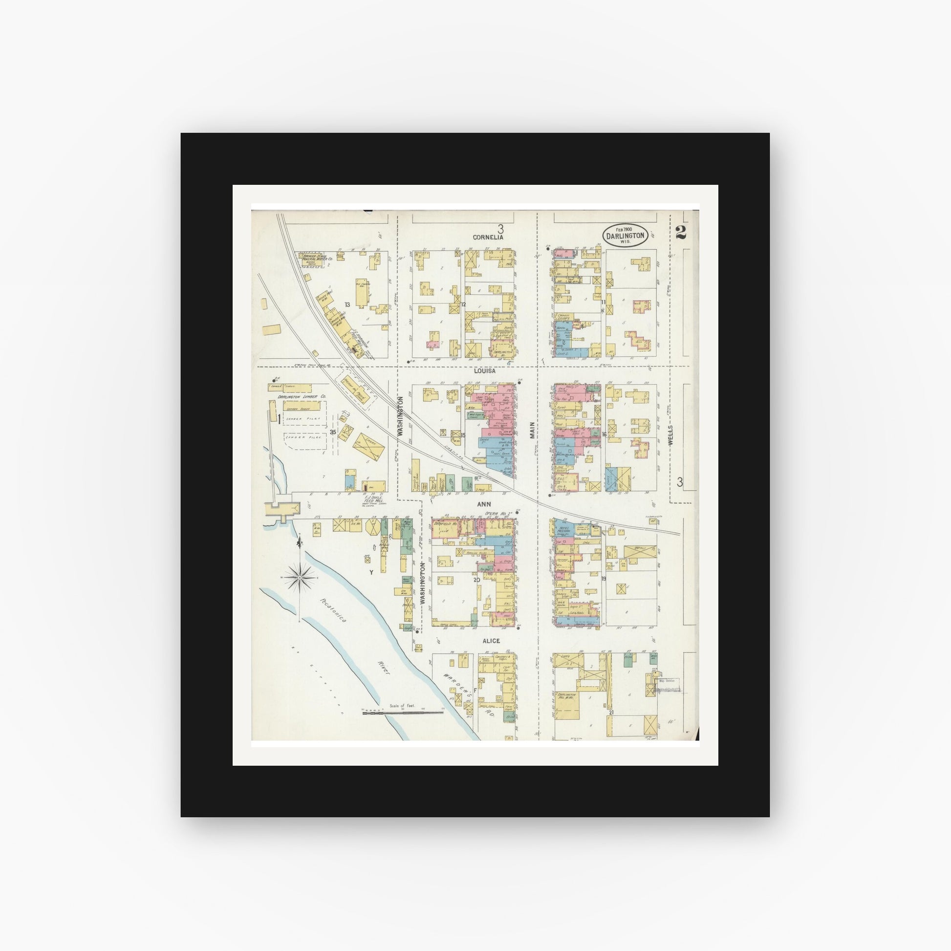 Old map wall art mockup — black gallery frame with white mat — Sanborn Fire Insurance Map from Darlington, Lafayette County, Wisconsin (1900), Sheet #0002