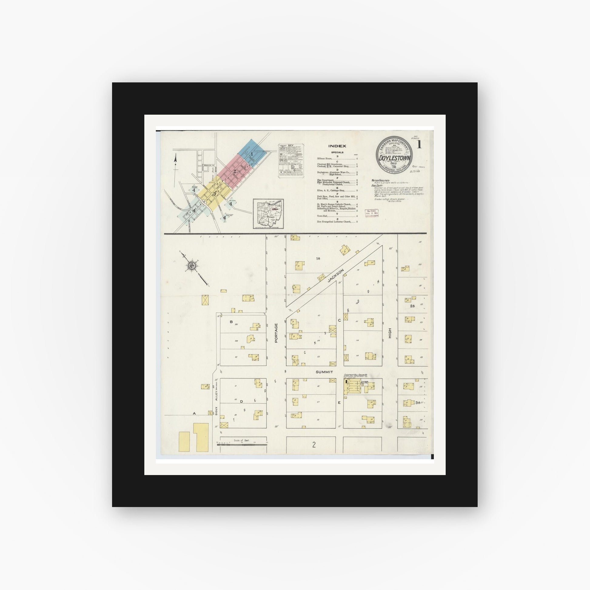 Old map wall art mockup — black gallery frame with white mat — Sanborn Fire Insurance Map from Doylestown, Wayne County, Ohio (1915), Sheet #0001