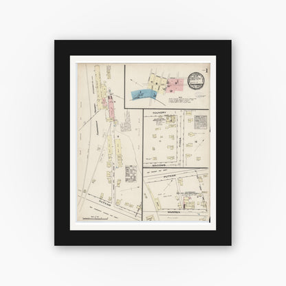 Old map wall art mockup — black gallery frame with white mat — Sanborn Fire Insurance Map from Tunkhannock, Wyoming County, Pennsylvania (1884), Sheet #0001