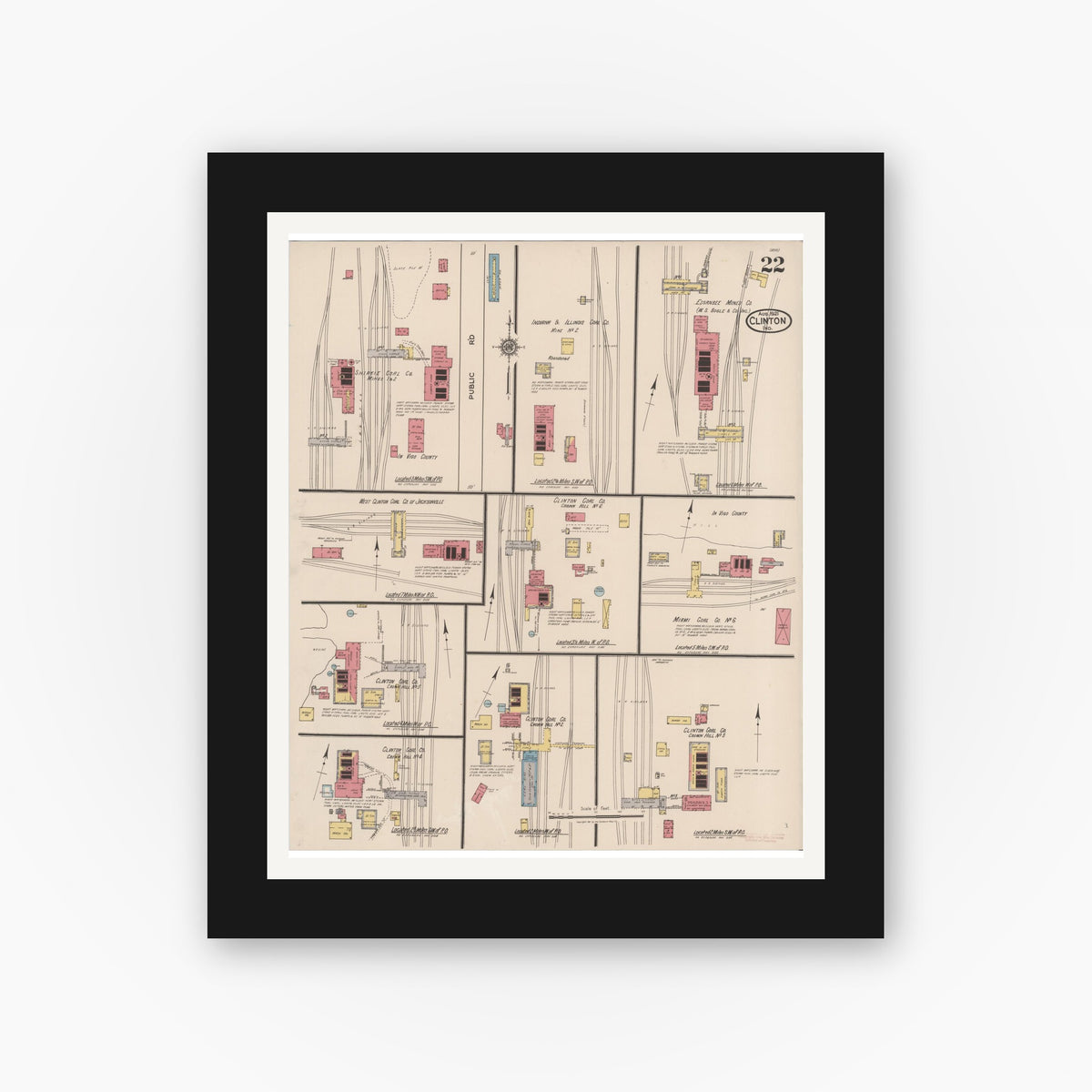 Old map wall art mockup — black gallery frame with white mat — Sanborn Fire Insurance Map from Clinton, Vermillion County, Indiana (1921), Sheet #0022