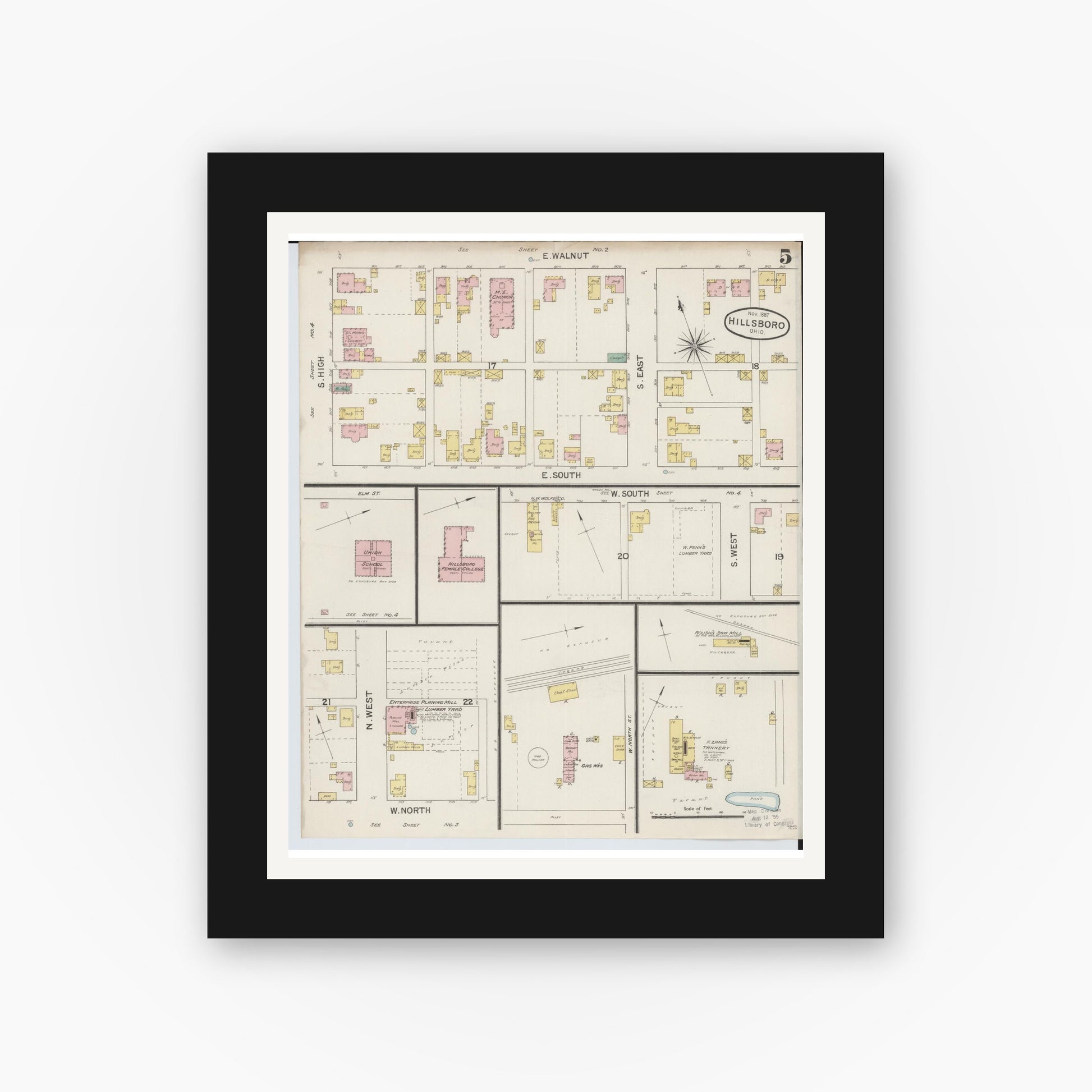 Old map wall art mockup — black gallery frame with white mat — Sanborn Fire Insurance Map from Hillsboro, Highland County, Ohio (1887), Sheet #0005