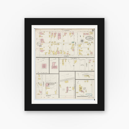 Old map wall art mockup — black gallery frame with white mat — Sanborn Fire Insurance Map from Hillsboro, Highland County, Ohio (1887), Sheet #0005