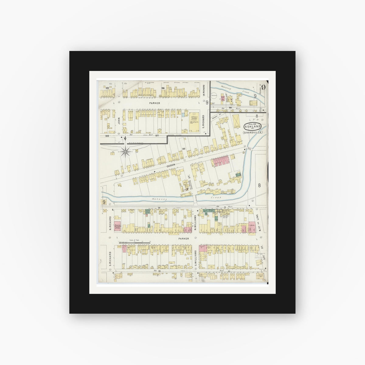 Old map wall art mockup — black gallery frame with white mat — Sanborn Fire Insurance Map from Ashland, Schuylkill County, Pennsylvania (1896), Sheet #0009