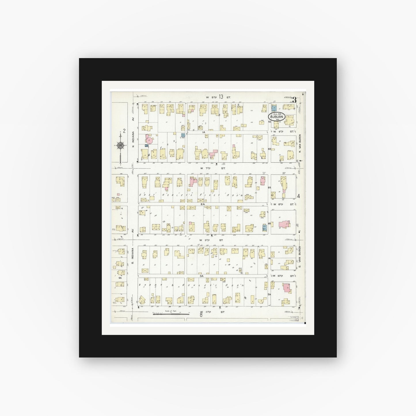 Old map wall art mockup — black gallery frame with white mat — Sanborn Fire Insurance Map from Auburn, De Kalb County, Indiana (1914), Sheet #0003