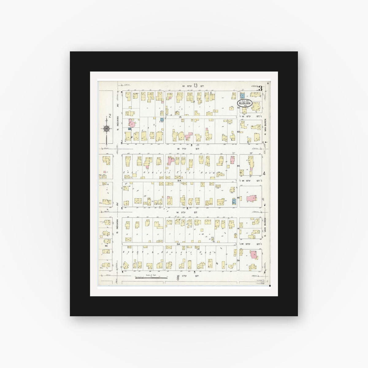 Old map wall art mockup — black gallery frame with white mat — Sanborn Fire Insurance Map from Auburn, De Kalb County, Indiana (1914), Sheet #0003