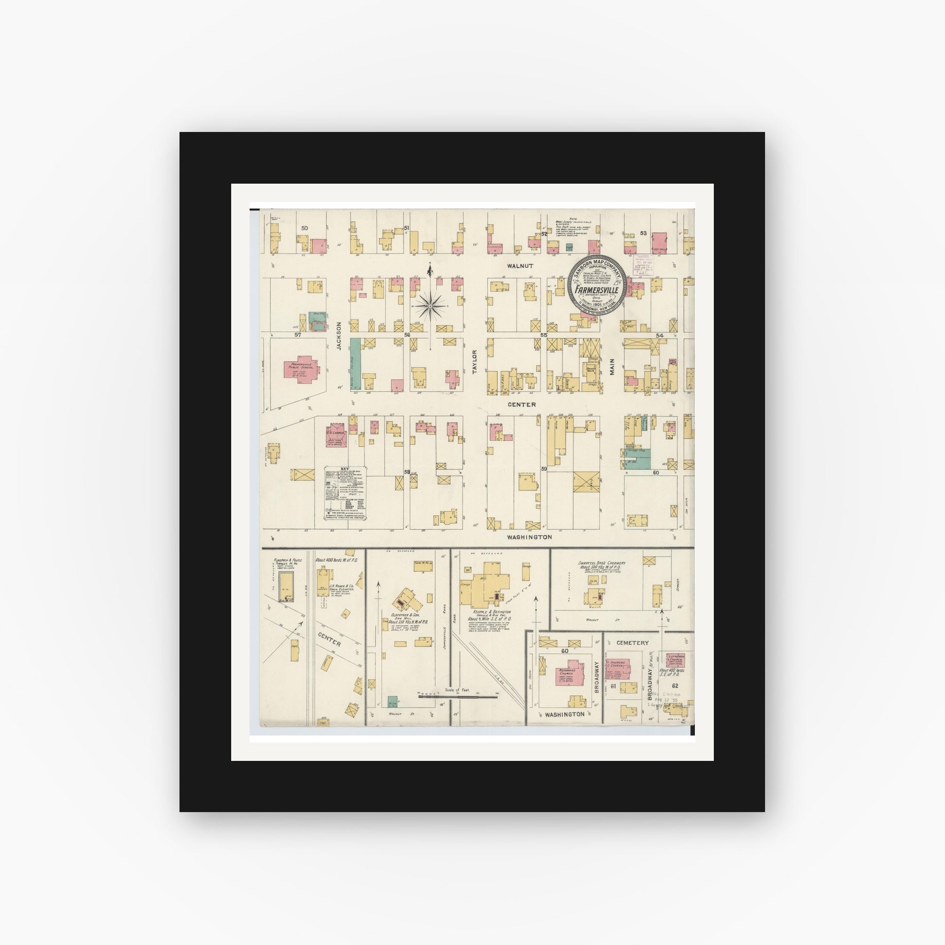 Old map wall art mockup — black gallery frame with white mat — Sanborn Fire Insurance Map from Farmersville, Montogomery County, Ohio (1905), Sheet #0001