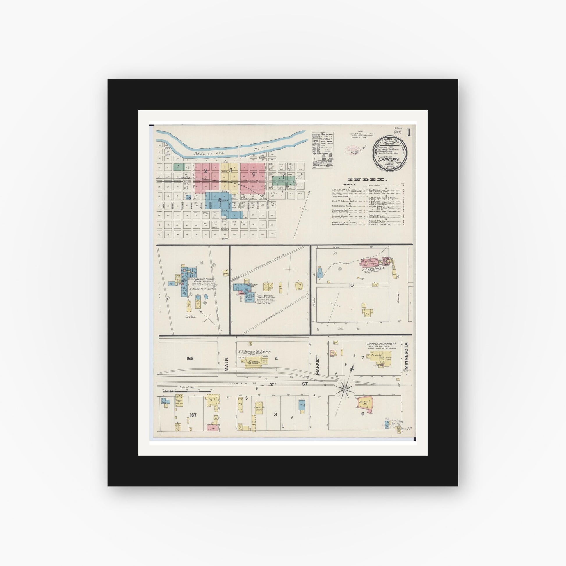 Old map wall art mockup — black gallery frame with white mat — Sanborn Fire Insurance Map from Shakopee, Scott County, Minnesota (1890), Sheet #0001