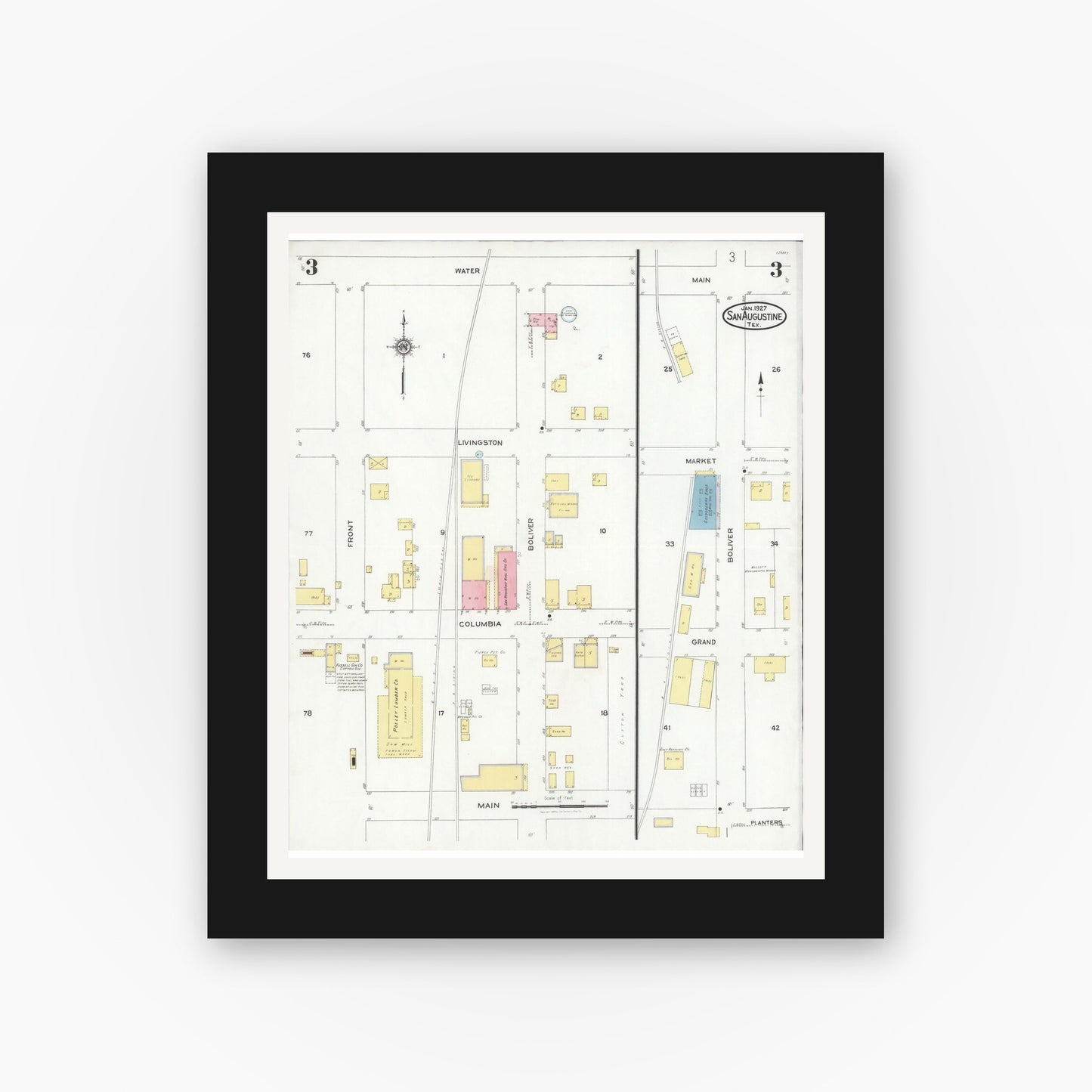 Old map wall art mockup — black gallery frame with white mat — Sanborn Fire Insurance Map from San Augustine, San Augustine County, Texas (1927), Sheet #0003