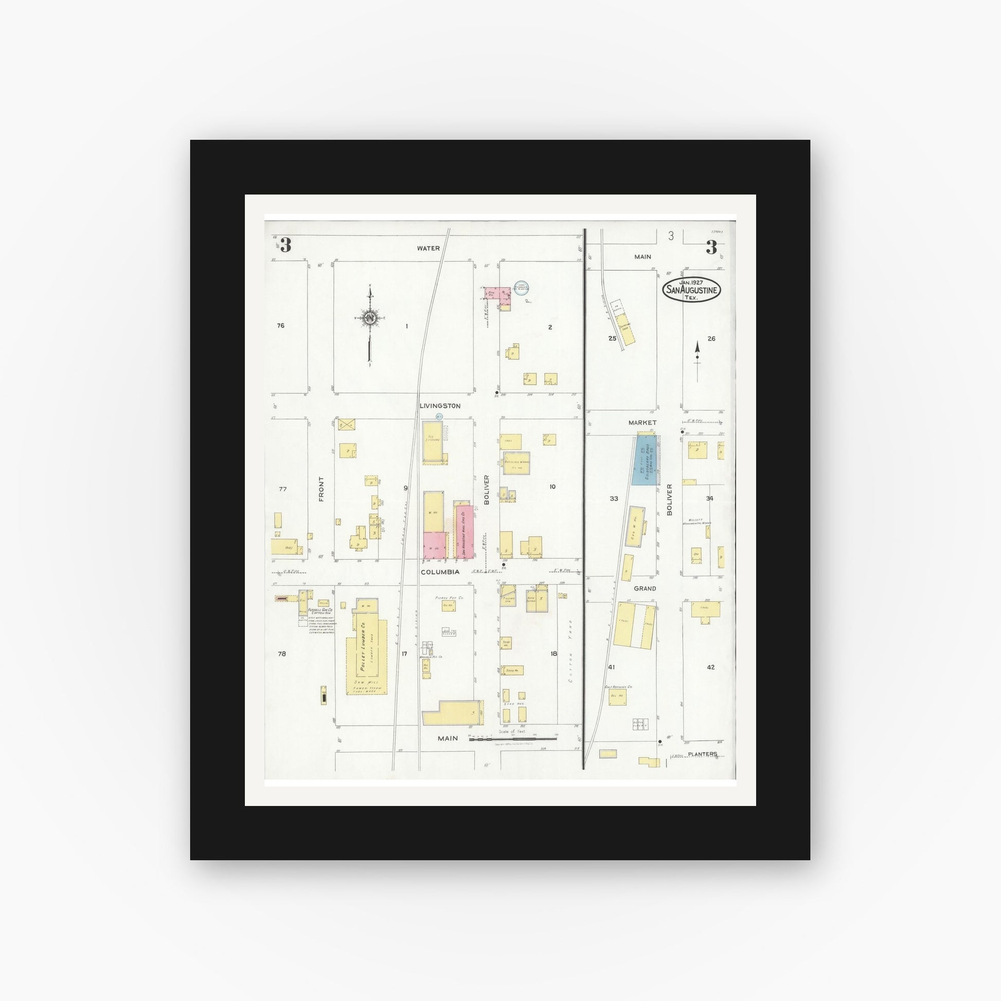 Old map wall art mockup — black gallery frame with white mat — Sanborn Fire Insurance Map from San Augustine, San Augustine County, Texas (1927), Sheet #0003