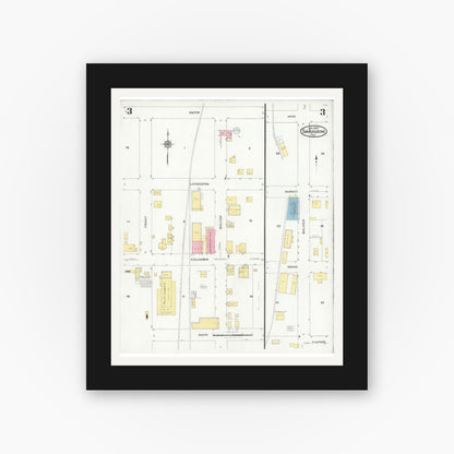 Old map wall art mockup — black gallery frame with white mat — Sanborn Fire Insurance Map from San Augustine, San Augustine County, Texas (1927), Sheet #0003