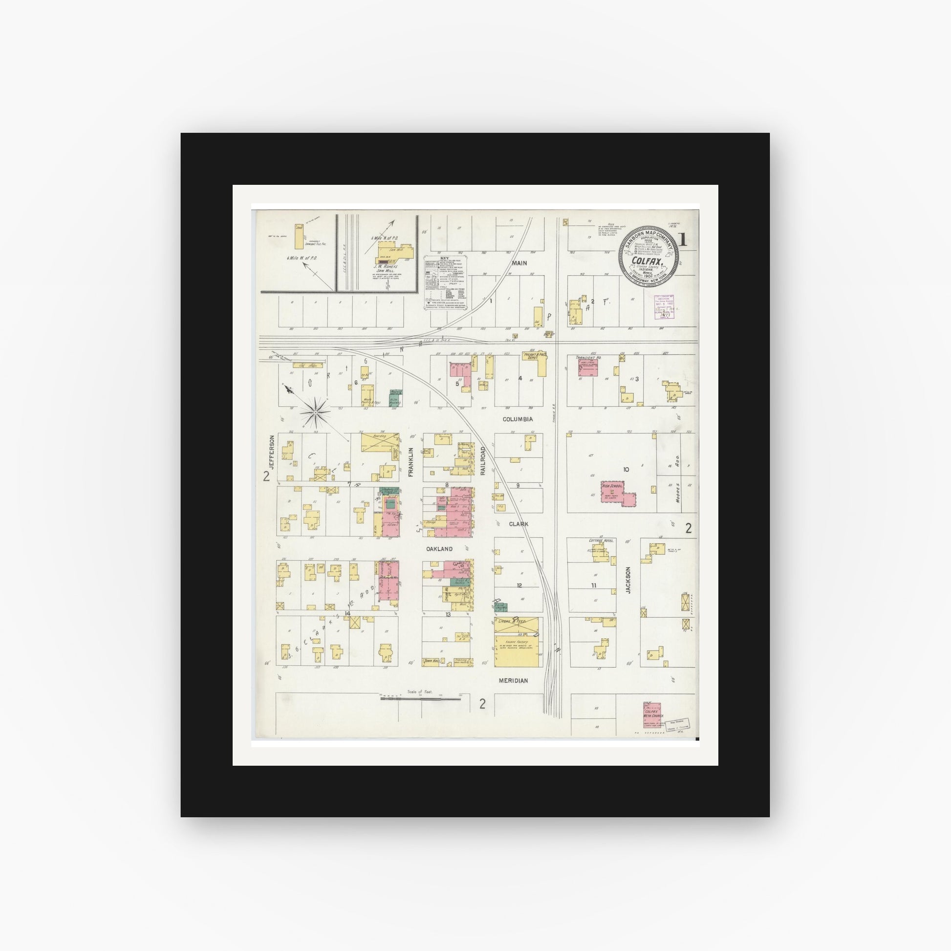 Old map wall art mockup — black gallery frame with white mat — Sanborn Fire Insurance Map from Colfax, Clinton County, Indiana (1902) - Complete Map Set