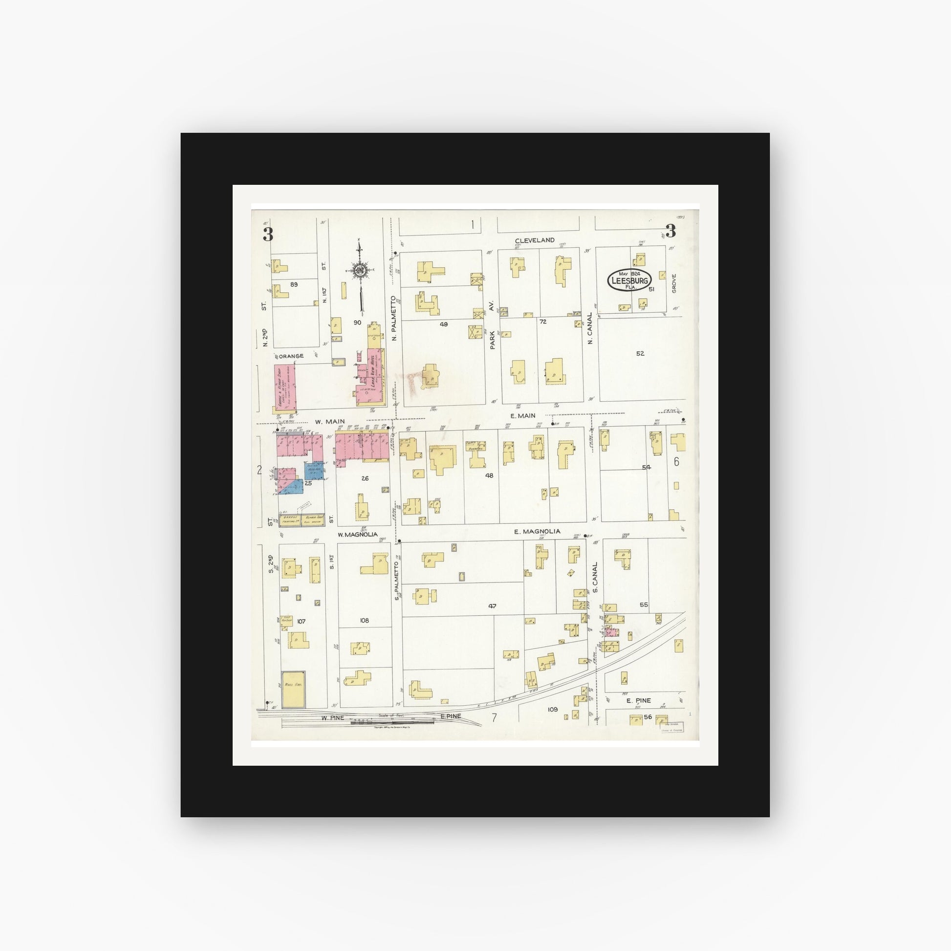 Old map wall art mockup — black gallery frame with white mat — Sanborn Fire Insurance Map from Leesburg, Lake County, Florida (1924), Sheet #0003