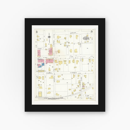 Old map wall art mockup — black gallery frame with white mat — Sanborn Fire Insurance Map from Leesburg, Lake County, Florida (1924), Sheet #0003
