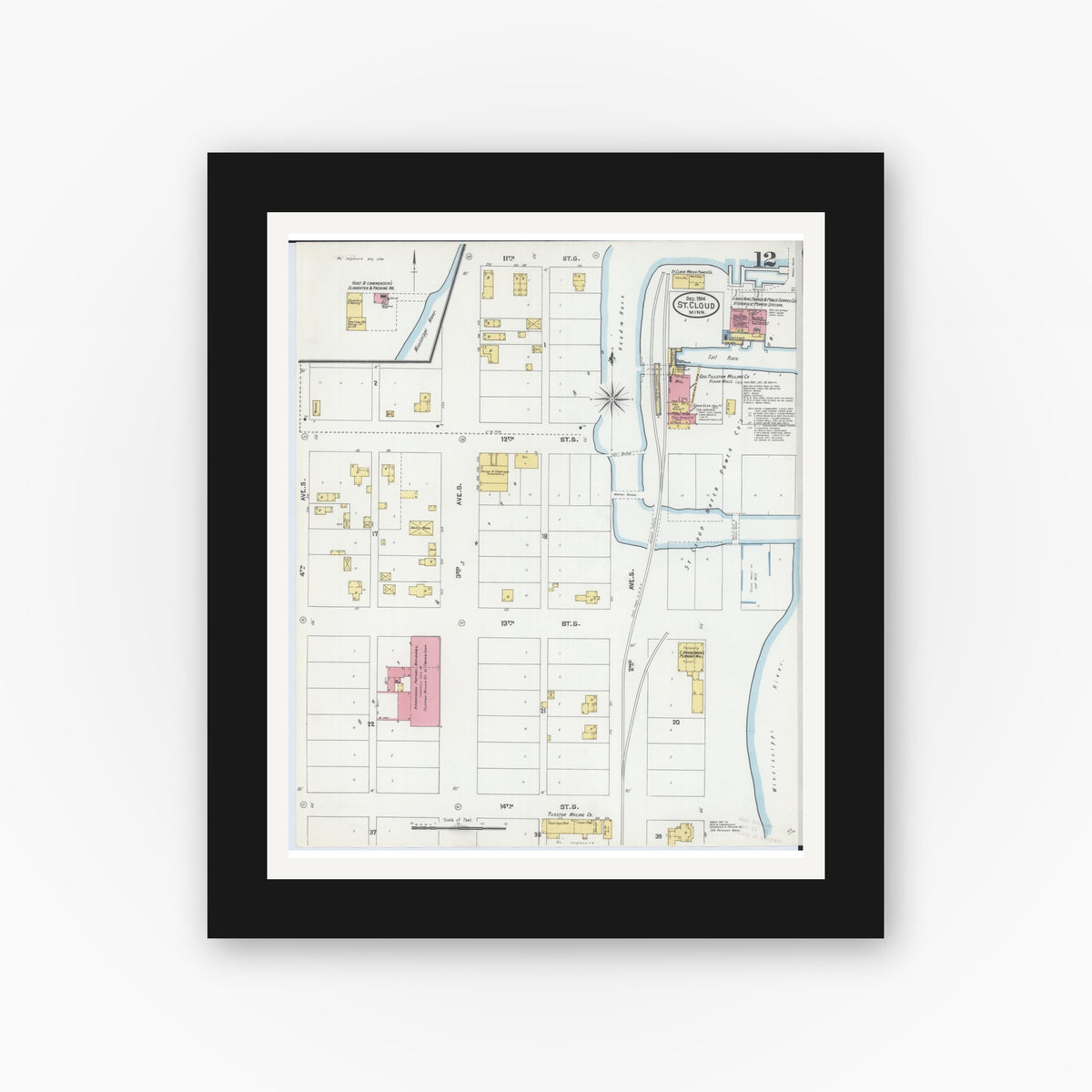 Old map wall art mockup — black gallery frame with white mat — Sanborn Fire Insurance Map from Saint Cloud, Stearns, Benton, and Sherburne Counties, Minnesota (1904), Sheet #0012