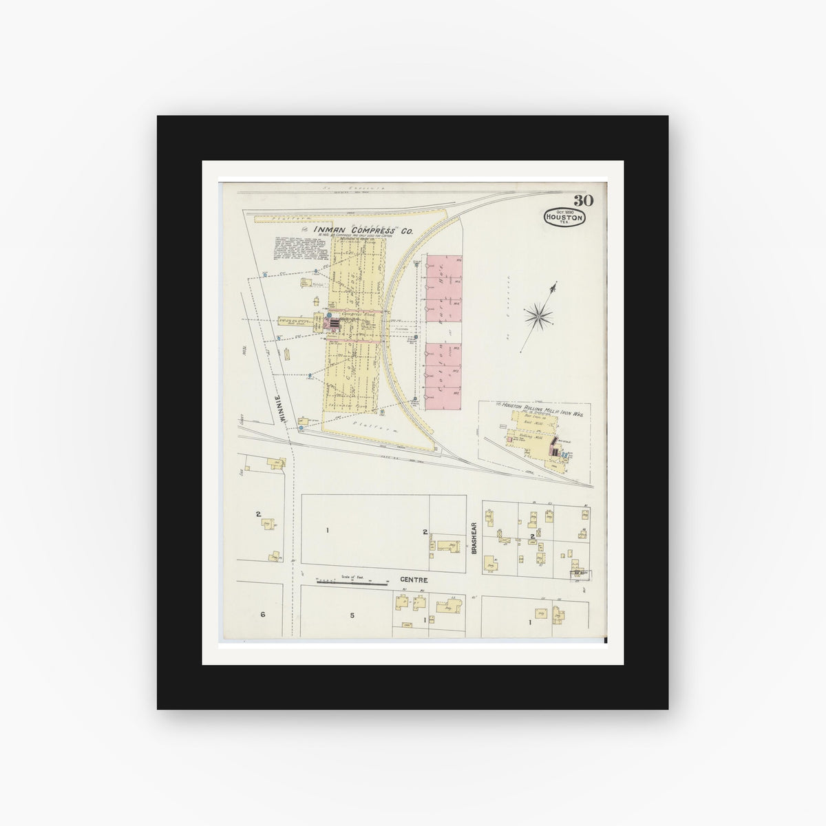 Old map wall art mockup — black gallery frame with white mat — Sanborn Fire Insurance Map from Houston, Harris County, Texas (1890), Sheet #0030