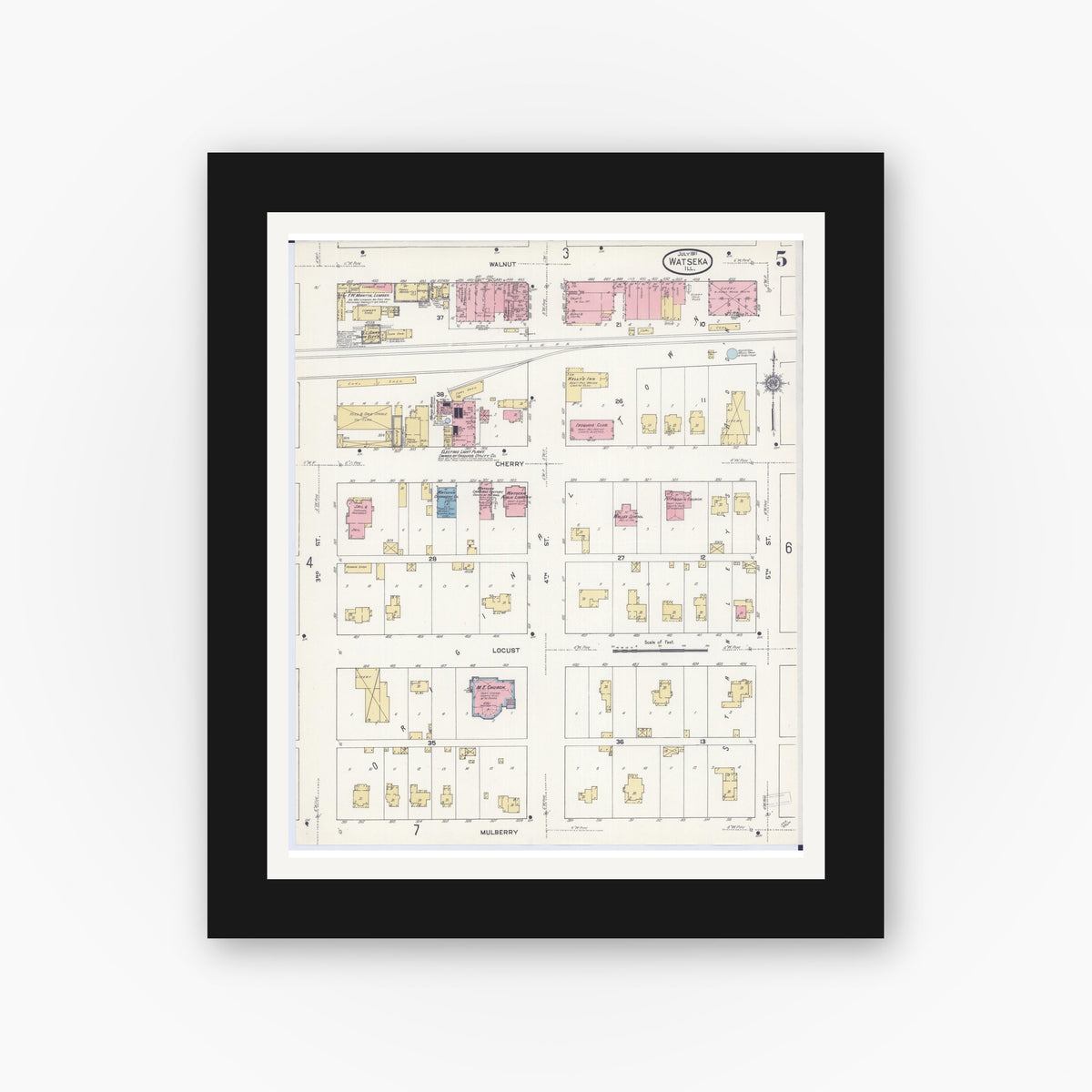 Old map wall art mockup — black gallery frame with white mat — Sanborn Fire Insurance Map from Watseka, Iroquois County, Illinois (1911), Sheet #0005
