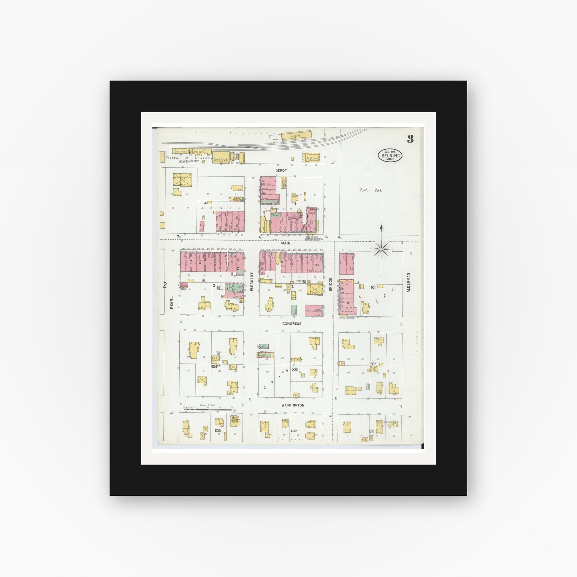 Old map wall art mockup — black gallery frame with white mat — Sanborn Fire Insurance Map from Belding, Ionia County, Michigan (1900), Sheet #0003