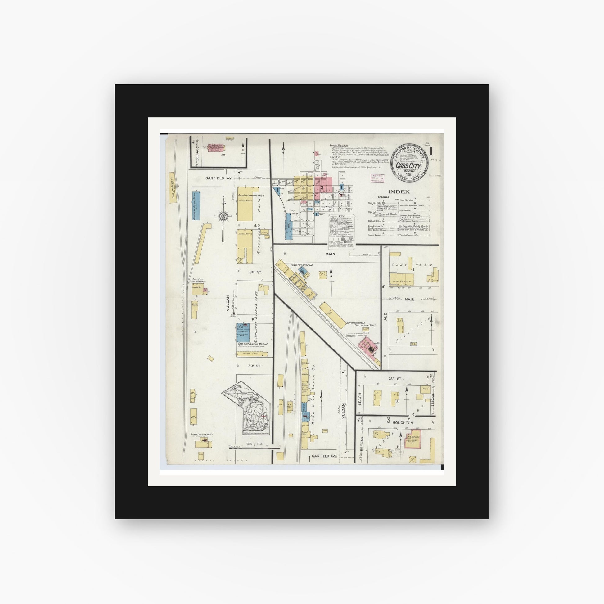 Old map wall art mockup — black gallery frame with white mat — Sanborn Fire Insurance Map from Cass City, Tuscola County, Michigan (1916), Sheet #0001