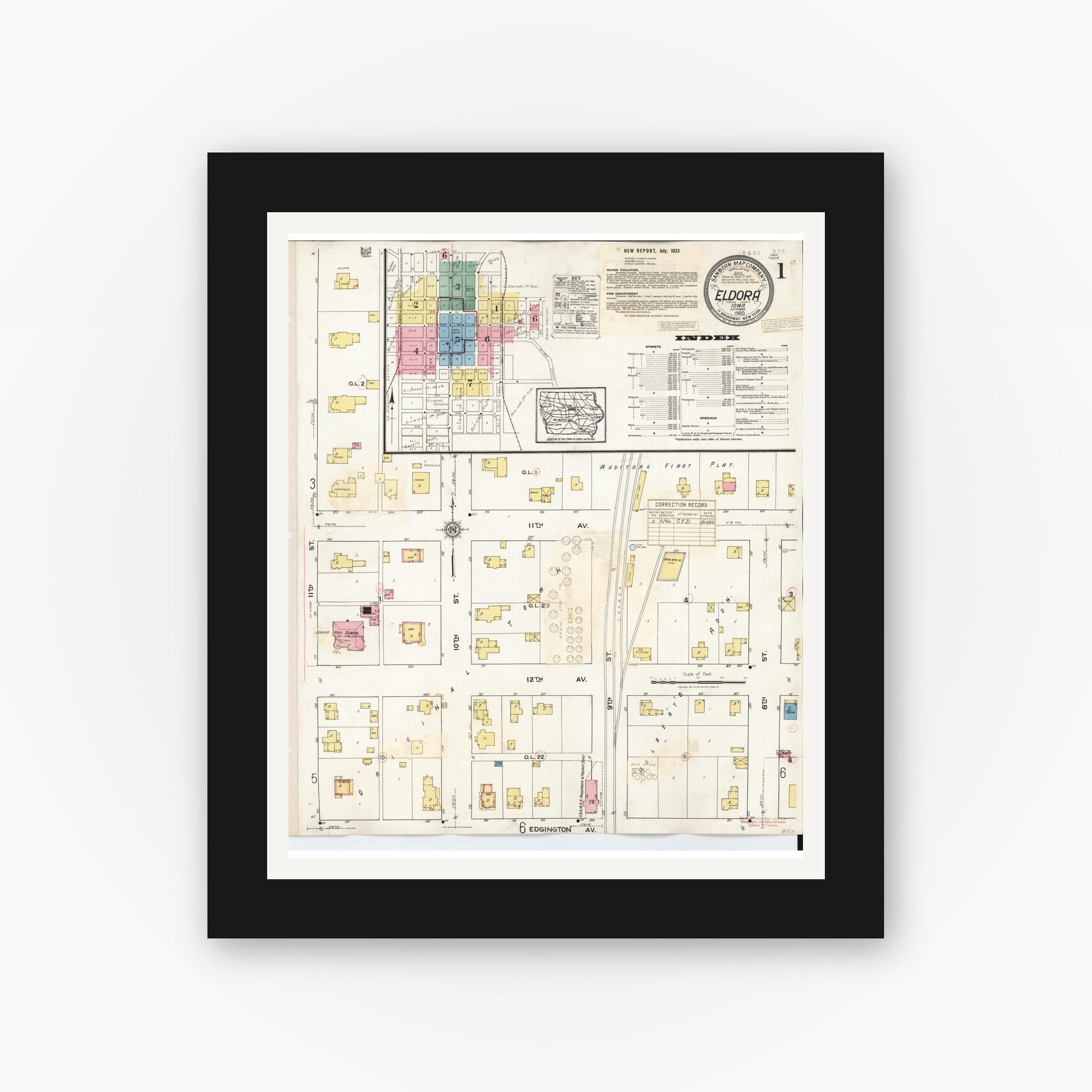 Old map wall art mockup — black gallery frame with white mat — Sanborn Fire Insurance Map from Eldora, Hardin County, Iowa (1940), Sheet #0001