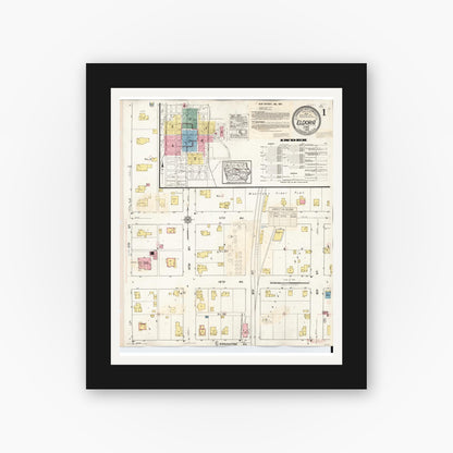 Old map wall art mockup — black gallery frame with white mat — Sanborn Fire Insurance Map from Eldora, Hardin County, Iowa (1940), Sheet #0001
