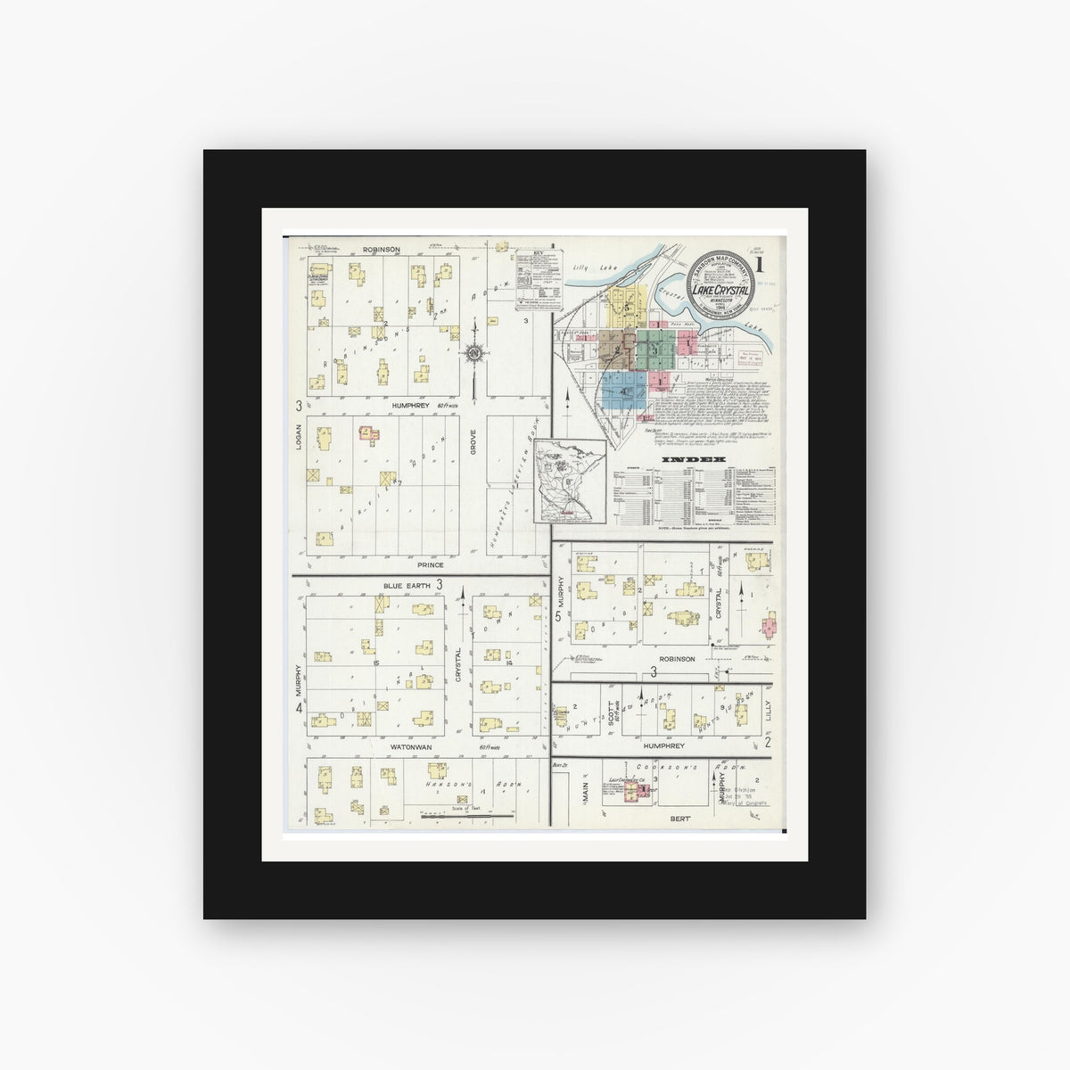 Old map wall art mockup — black gallery frame with white mat — Sanborn Fire Insurance Map from Lake Crystal, Blue Earth County, Minnesota (1914) - Complete Map Set