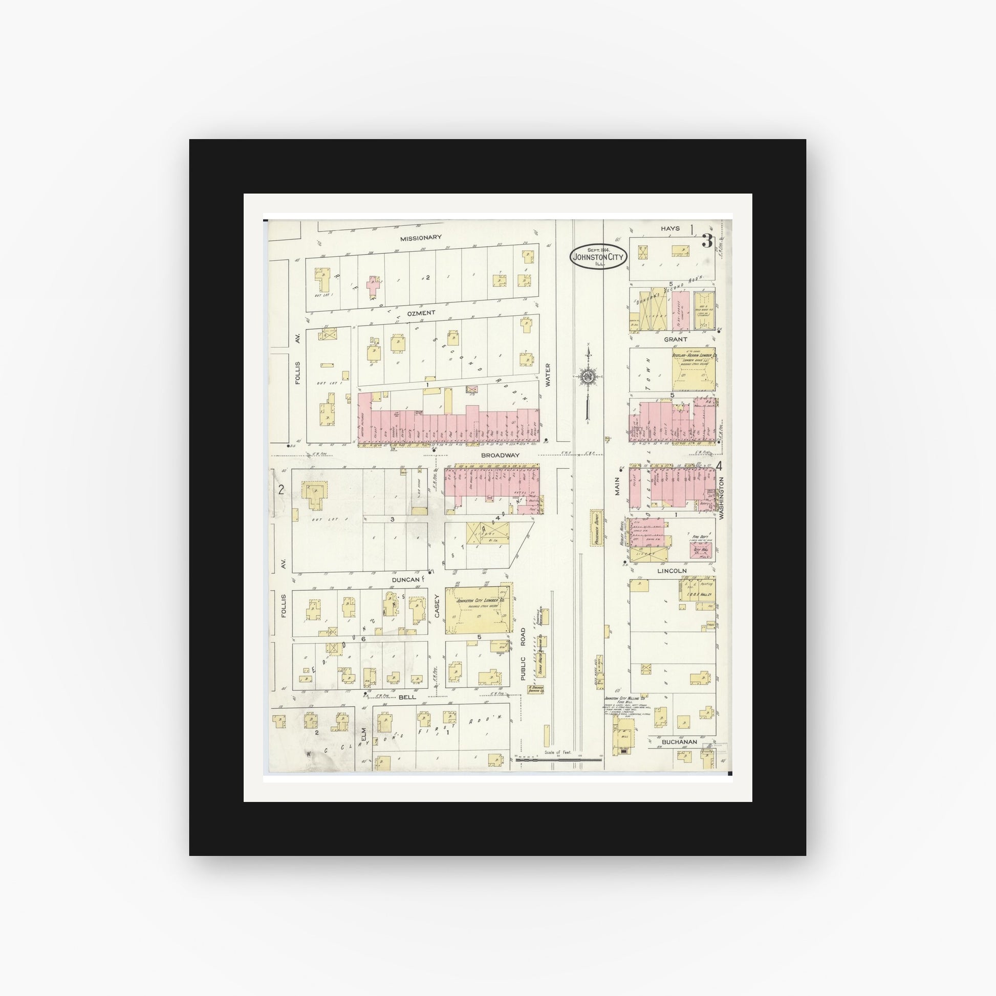 Old map wall art mockup — black gallery frame with white mat — Sanborn Fire Insurance Map from Johnston City, Williamson County, Illinois (1914), Sheet #0003