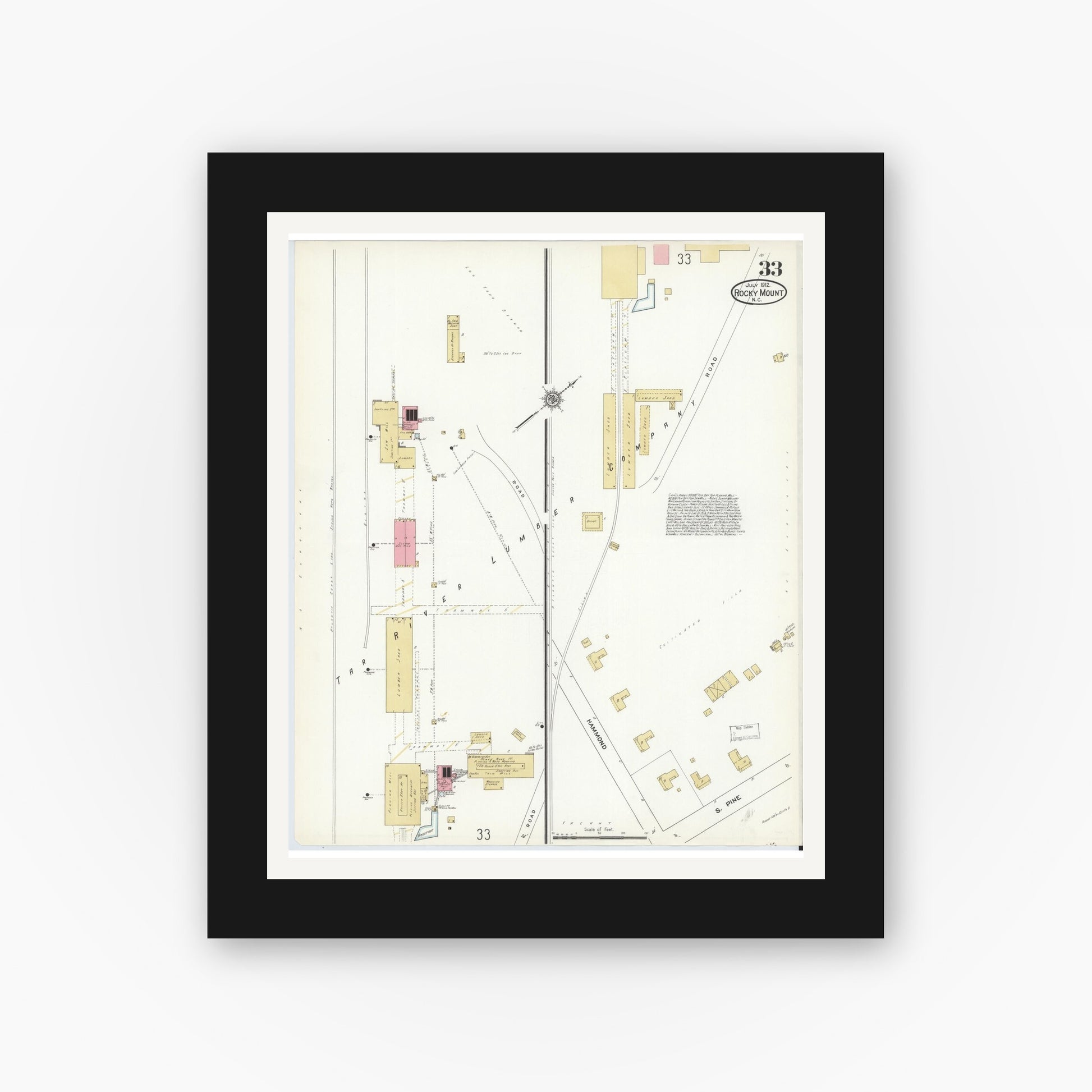 Old map wall art mockup — black gallery frame with white mat — Sanborn Fire Insurance Map from Rocky Mount, Edgecombe And Nash Counties, North Carolina (1912), Sheet #0033