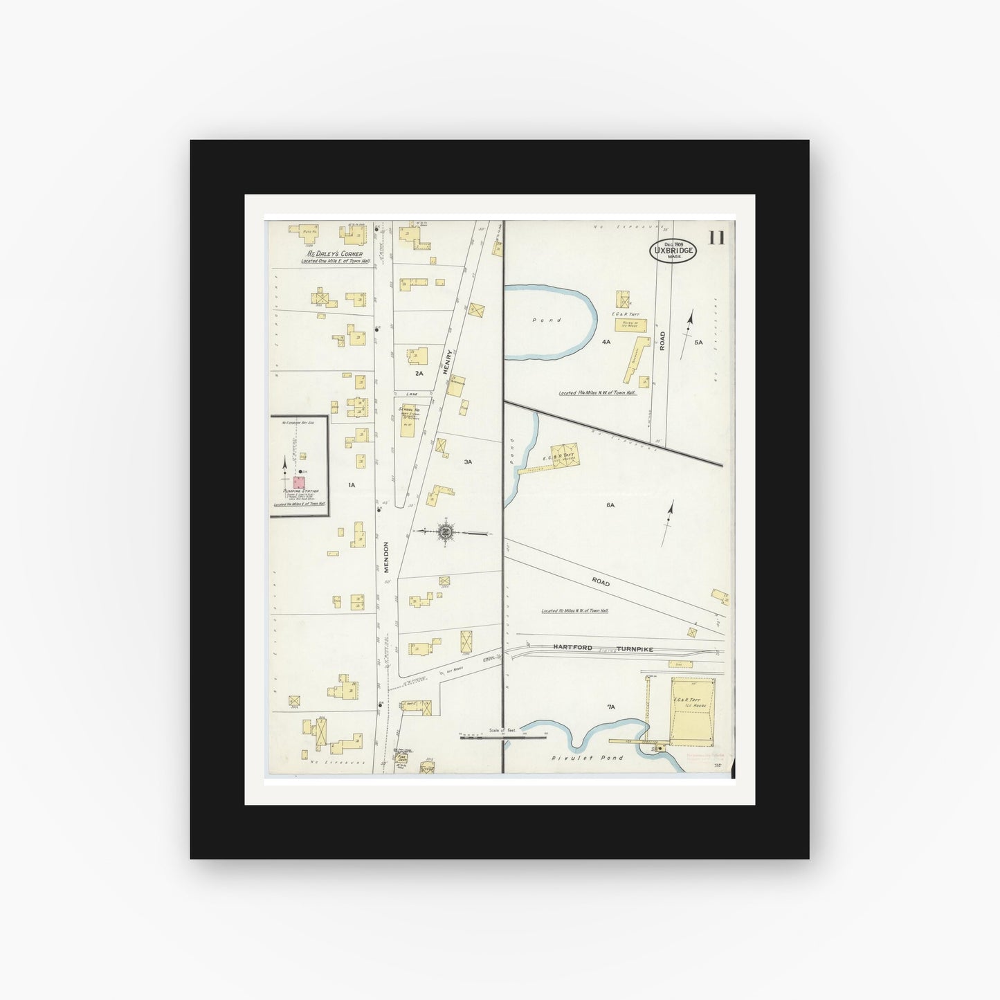 Old map wall art mockup — black gallery frame with white mat — Sanborn Fire Insurance Map from Uxbridge, Worcester County, Massachusetts (1909), Sheet #0011