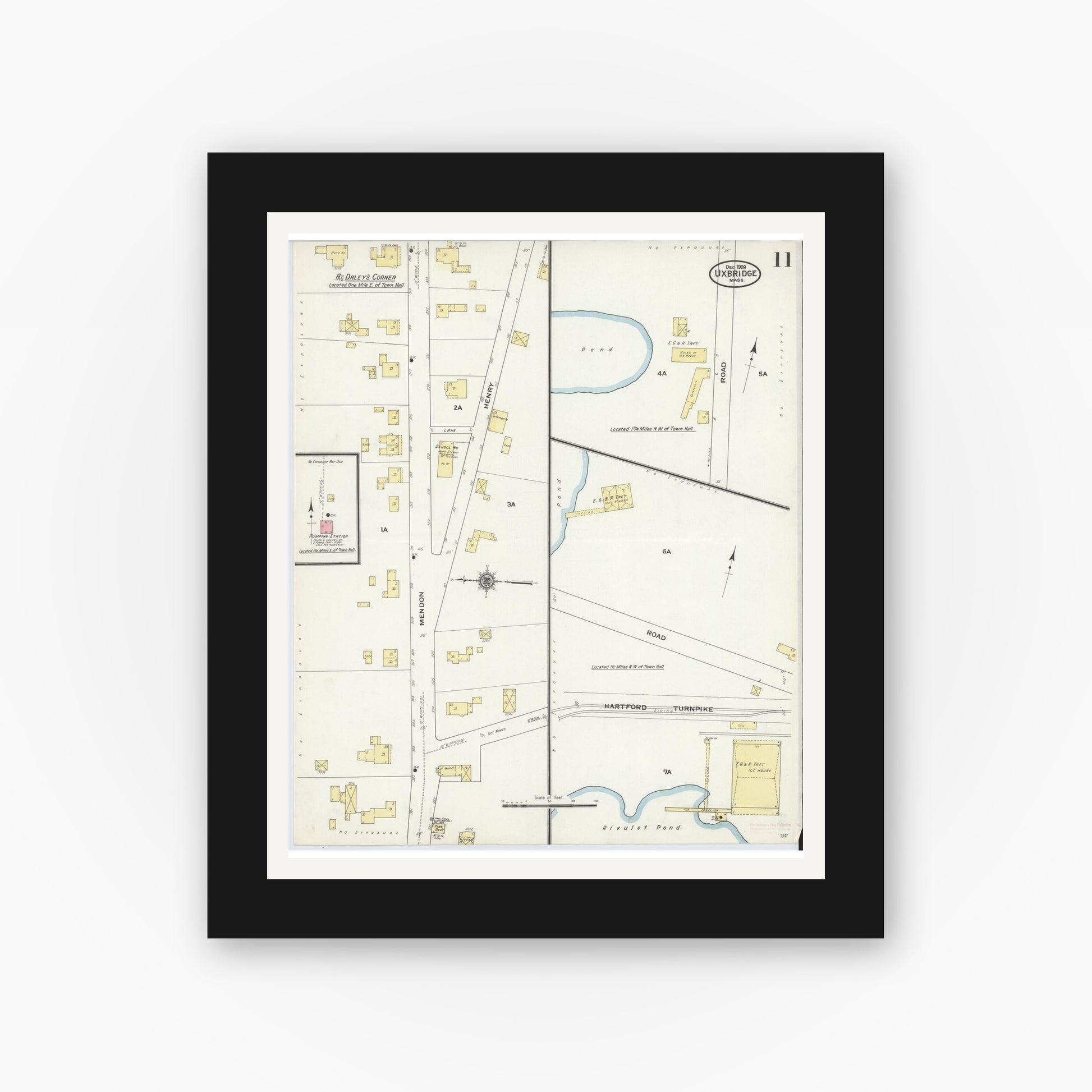 Old map wall art mockup — black gallery frame with white mat — Sanborn Fire Insurance Map from Uxbridge, Worcester County, Massachusetts (1909), Sheet #0011