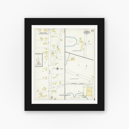 Old map wall art mockup — black gallery frame with white mat — Sanborn Fire Insurance Map from Uxbridge, Worcester County, Massachusetts (1909), Sheet #0011