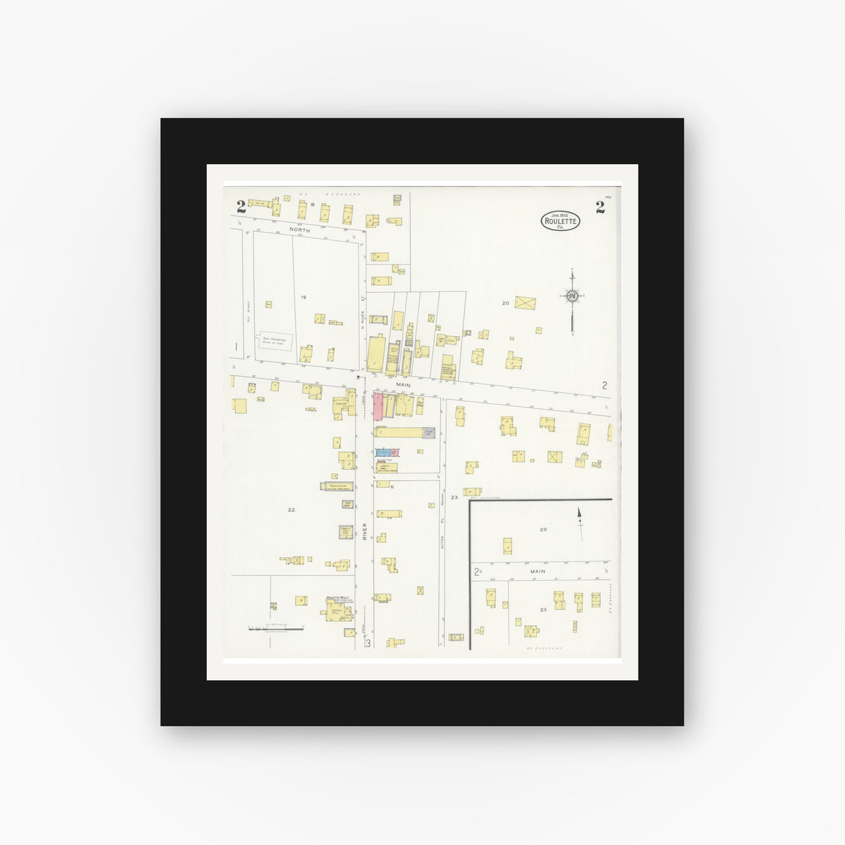Old map wall art mockup — black gallery frame with white mat — Sanborn Fire Insurance Map from Roulette, Potter County, Pennsylvania (1930), Sheet #0002