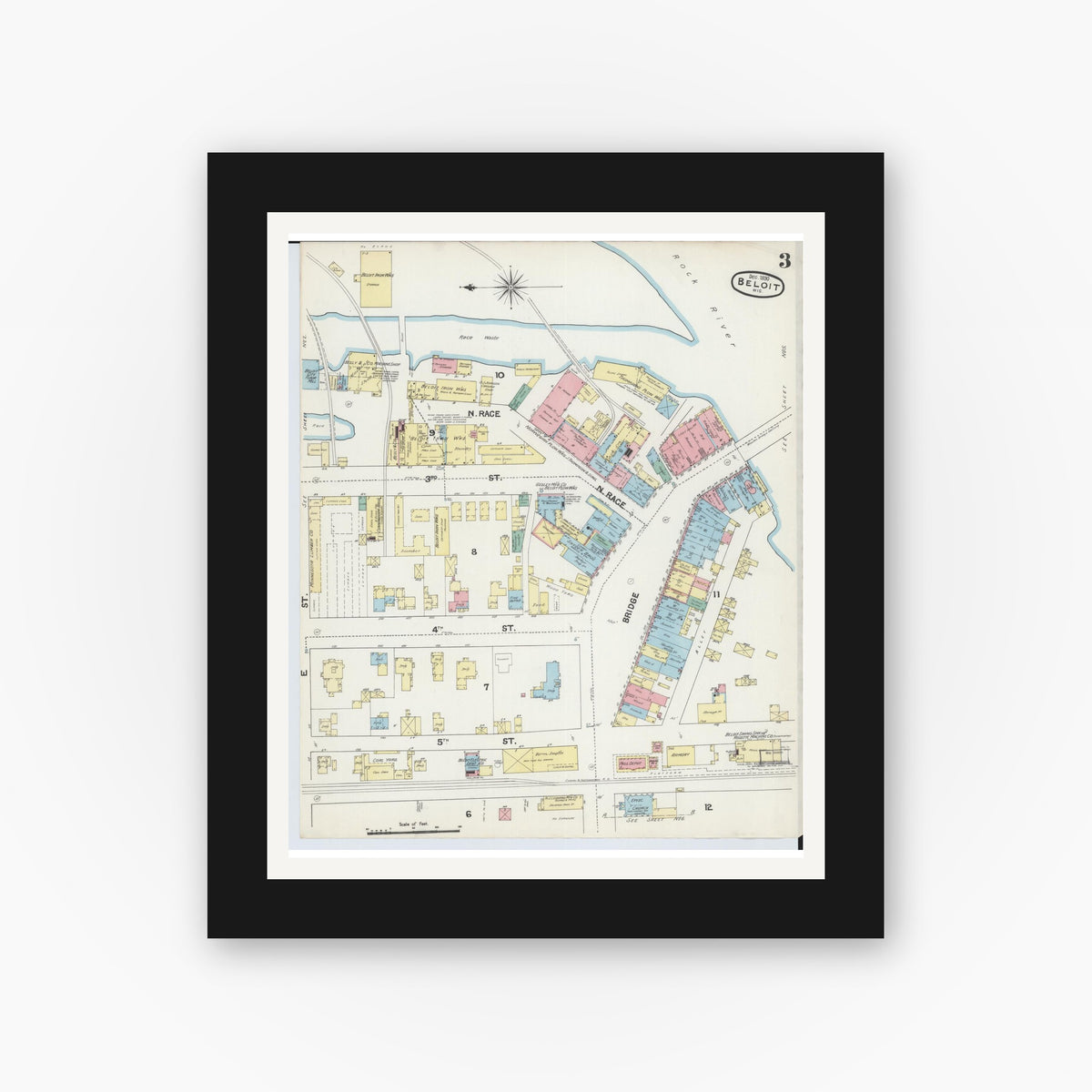 Old map wall art mockup — black gallery frame with white mat — Sanborn Fire Insurance Map from Beloit, Rock County, Wisconsin (1890), Sheet #0003