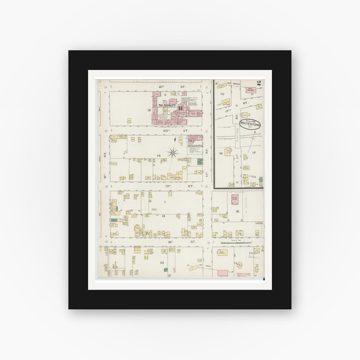 Old map wall art mockup — black gallery frame with white mat — Sanborn Fire Insurance Map from Whitestone, Queens County, New York (1886), Sheet #0002
